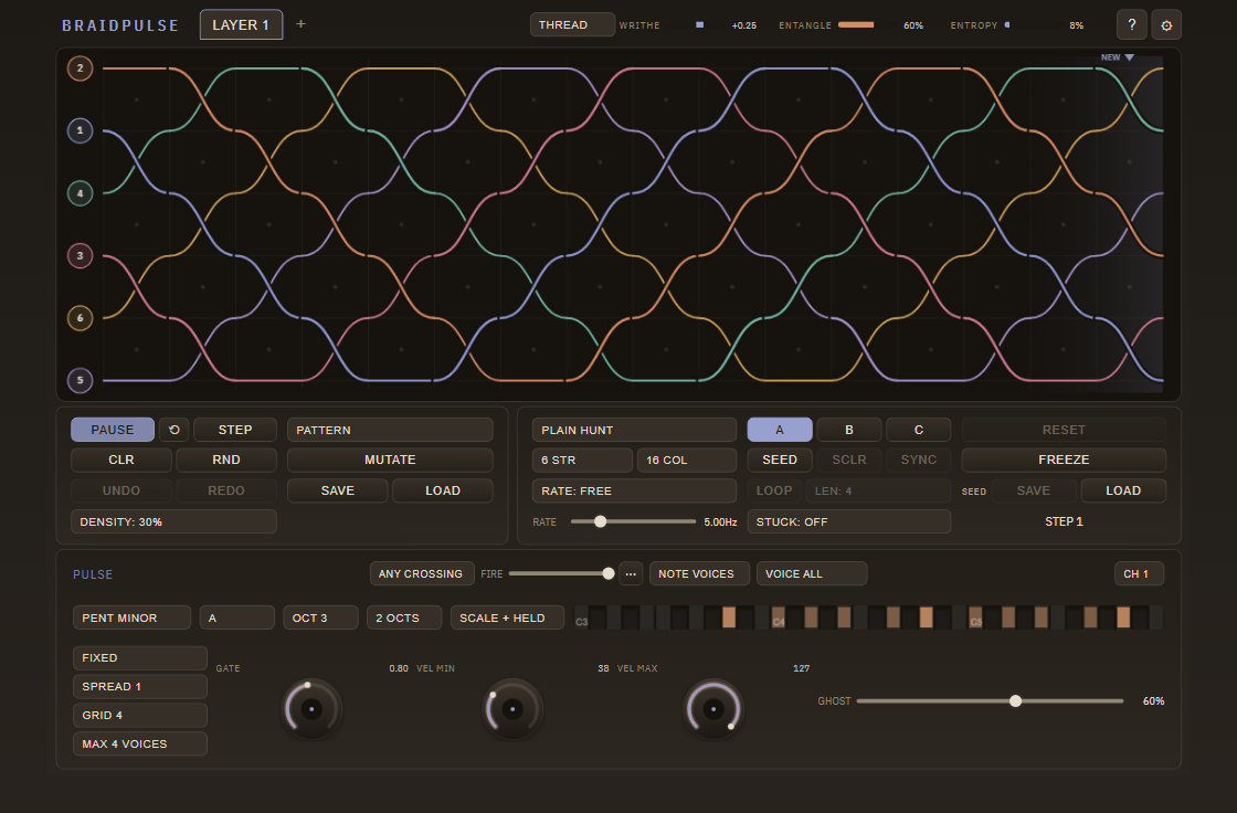 BraidPulse in Linen Dark: a wide loom of coloured strands crossing, a deck of controls and a note pool beneath